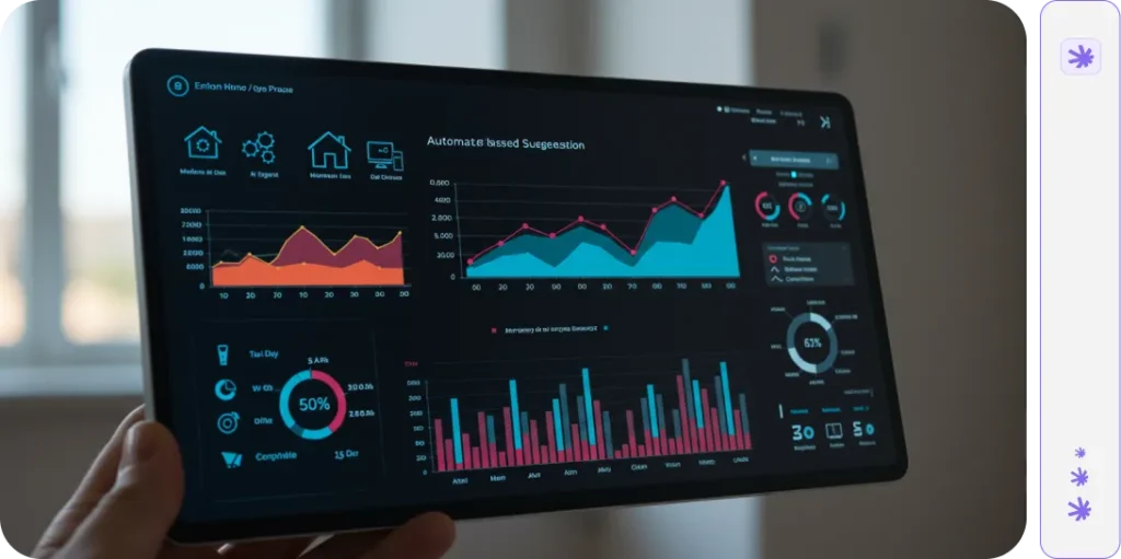 AI home automation control panel showing gesture recognition, presence detection, and scene management features for voice-free home control