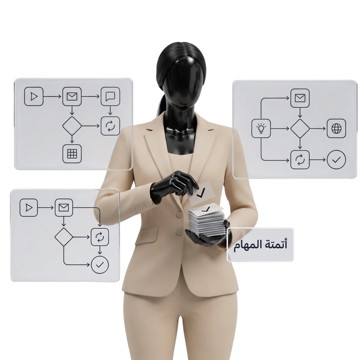 شخصية تيك ميم أمام لوحات أتمتة عائمة وهي يرصّ بطاقات مهام مكتملة