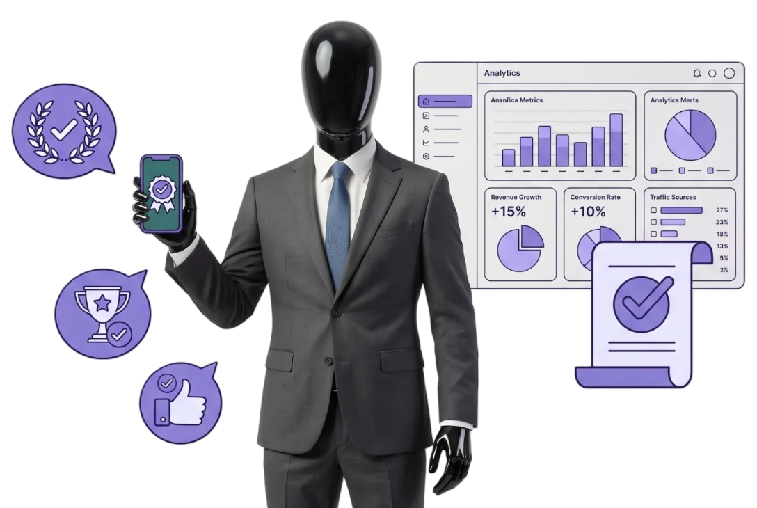 TECHMIM character holding a phone with success badges and an analytics window