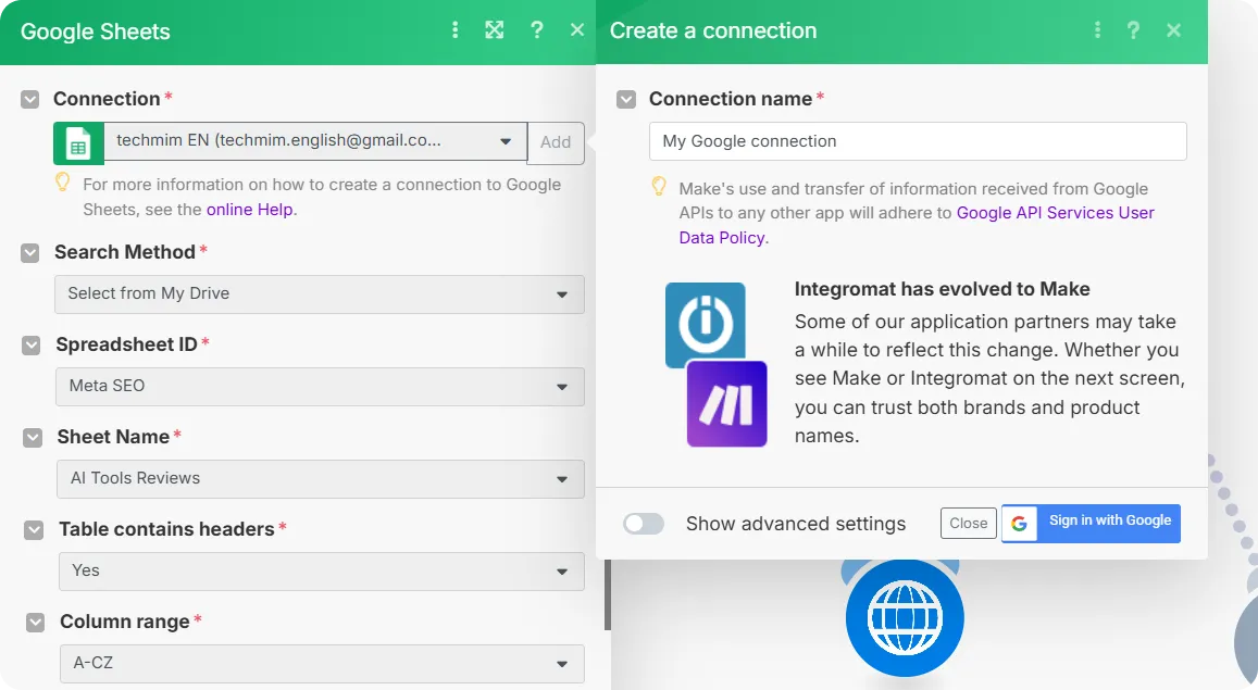Automated SEO Tool: Ignite Article Ranking with 8 Brilliant AI Steps 21 Connect Google Sheets to your Make.com account
