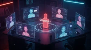 A futuristic AI hub showing 7 powerful ChatGPT alternatives on glowing holographic screens. This concept image highlights the diversity of AI tools available in 2025, offering visual insight into the world of ChatGPT Alternatives.