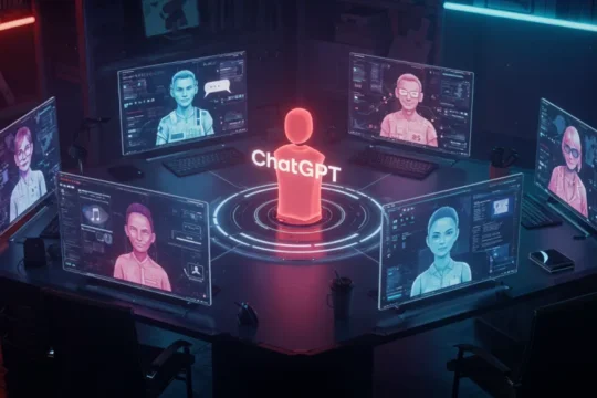 A futuristic AI hub showing 7 powerful ChatGPT alternatives on glowing holographic screens. This concept image highlights the diversity of AI tools available in 2025, offering visual insight into the world of ChatGPT Alternatives.